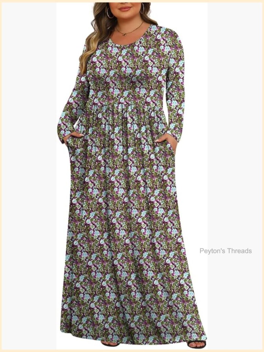 Plus Size Maxi Dress Long Sleeve with Pockets Casual Midi Dress 1X-5X